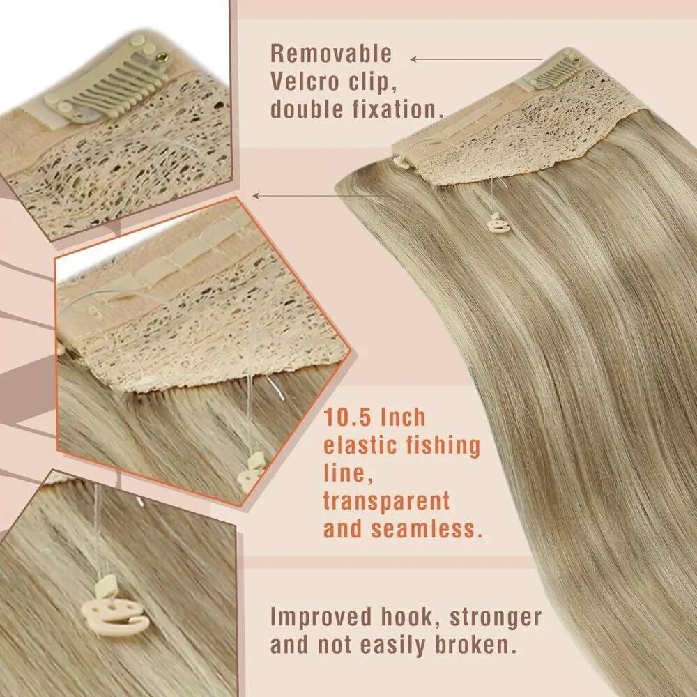 Human Hair Extensions Golden Blonde 18 Inch Clip-in Invisible Wire Versatile